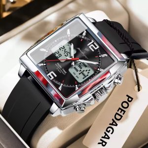 POEDAGAR E109 Multi-Function Dual Display Men’s Quartz Watch – Silver Black
