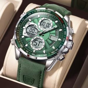 POEDAGAR E108 Multi-Function Dual Display Men’s Quartz Watch – Silver Green